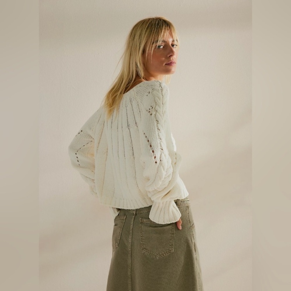 Free People Cream Cable Knit Scoop Neck Sweater - Picture 3 of 15
